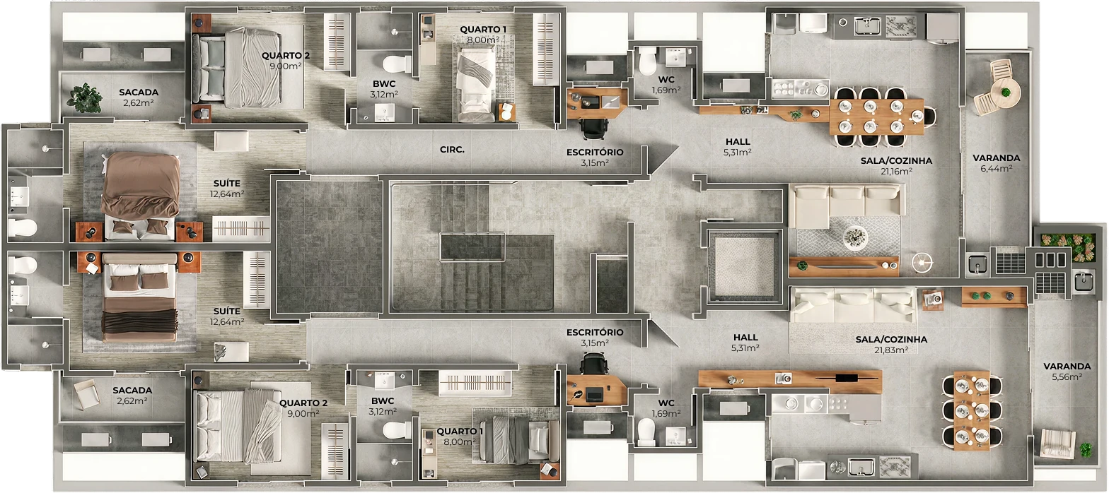 Planta humanizada de 98,90 m² do Residencial Lagos do Algarve